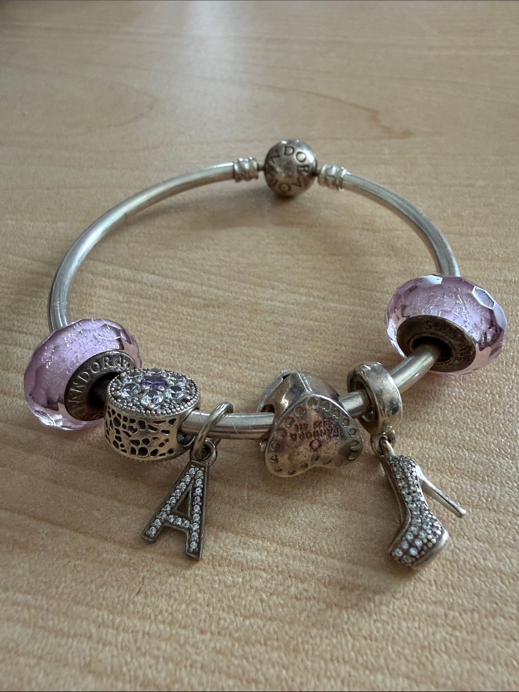 Pandora Silver Bracelet With Pink Glass Beads And Dangle Charms